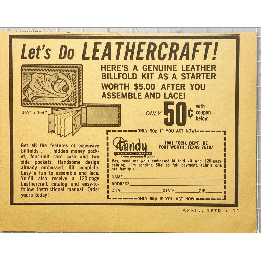 Tandy Wallet Kit "Genuine Leather Billfold Kit Only 50 Cents" Vtg Print Ad 1970
